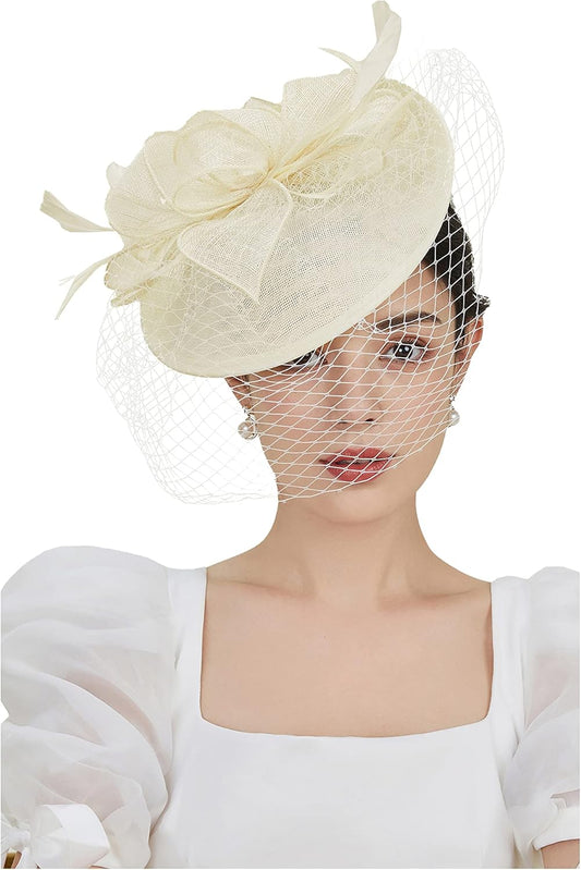 Women's Pillbox Fascinator Hat Kentucky Feather Derby Tea Party Headpiece with Veil for Cocktail Costume