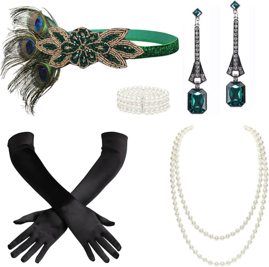 1920s Accessories for Women - Flapper Headpiece Great Gatsby Accessories for Women Pearl Bracelet Necklace Gloves