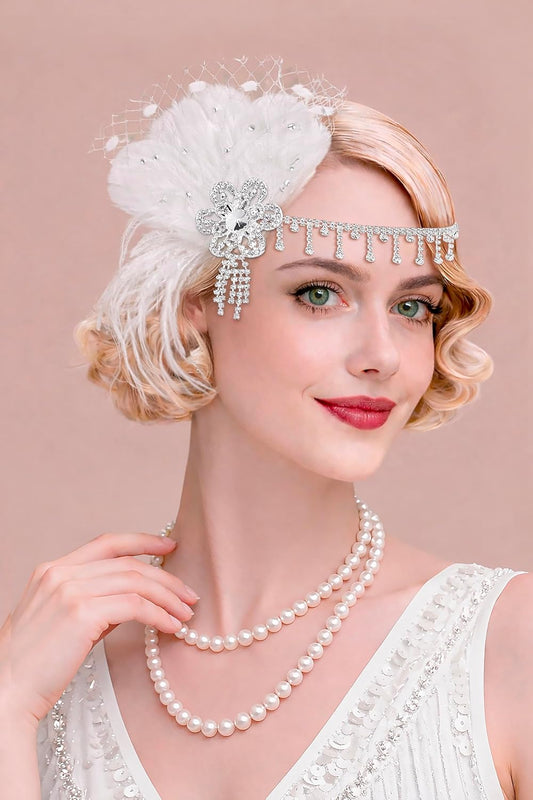 1920s Flapper Feather Headpiece, Great Gatsby Rhinestone Headband with Hair Clip, Vintage Art Deco Party Accessory