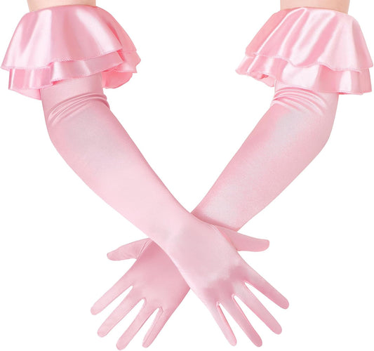 Long Gloves for Women - Puffy Sleeves Ruffle Cuff Gloves Satin Stretchy Elegant Costume for Wedding Opera Tea Party