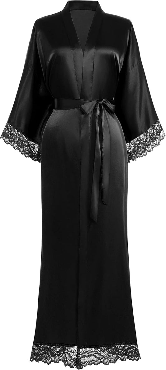 Satin Kimono Robe Silky Long Bridesmaid Wedding Lightweight Bath Robe with Lace Trim