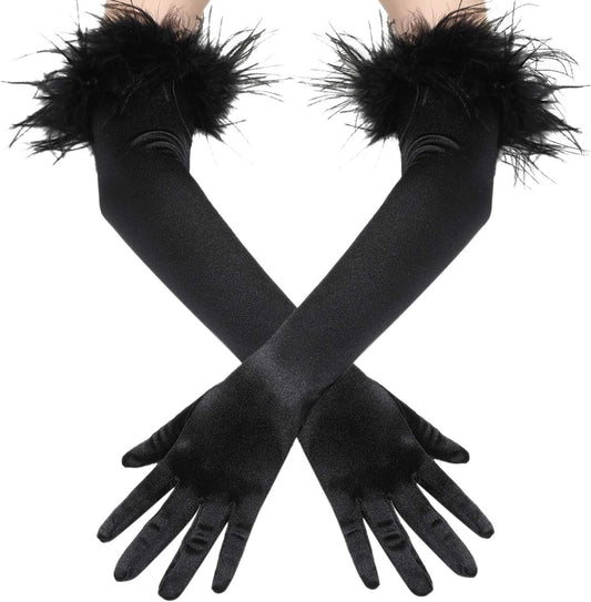 Long Satin Opera Gloves - Pageant Feather Gloves 1920s Stretchy Elbow Gloves for Halloween Costume Evening Party