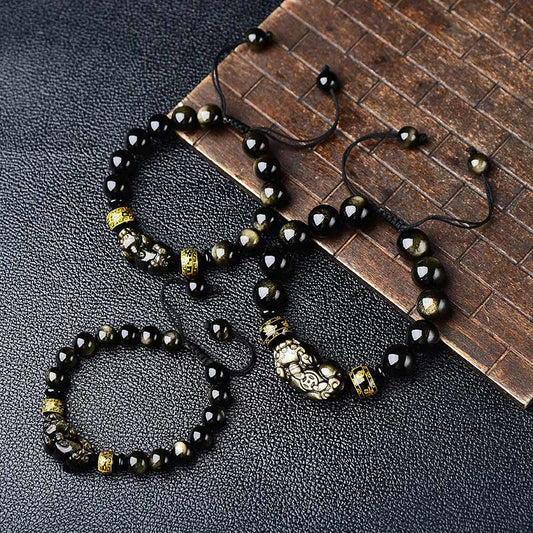 Spirituality Buddha Karma Natural Gold Sheen Obsidian PiXiu Om Mani Padme Hum Wealth Braided Bracelet