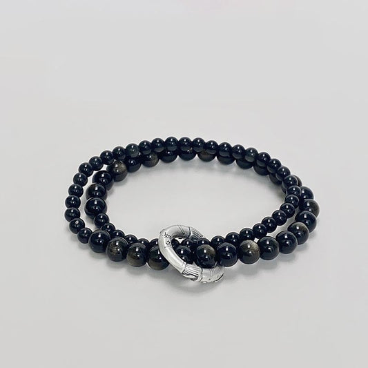 Spirituality Buddha Karma 999 Sterling Silver Black Obsidian Fulfillment Strength Double Layer Bracelet