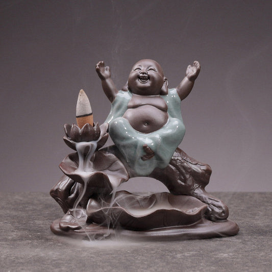 Spirituality Little Monk Ceramic Lotus Blessing Incense Burner Decoration