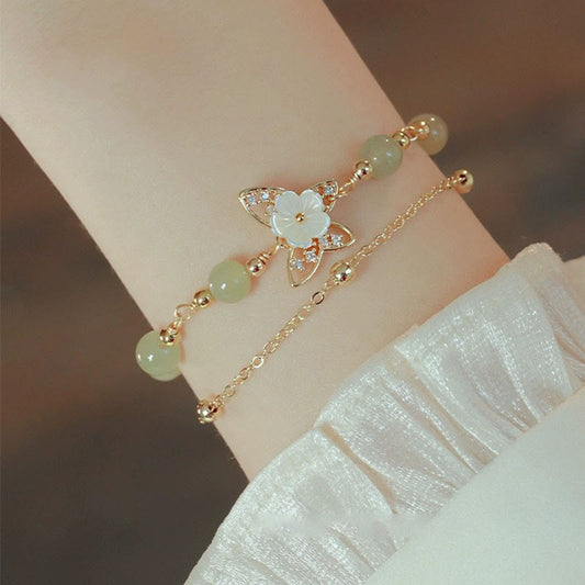 Jade 14K Gold Plated Jade Butterfly Tridacna Stone Flower Double Layer Luck Bracelet