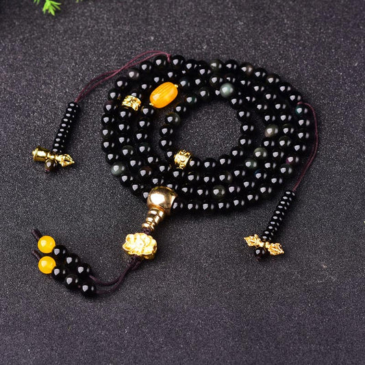 Spirituality Buddha Karma 108 Beads Natural Black Obsidian Lotus Fulfilment Mala Bracelet