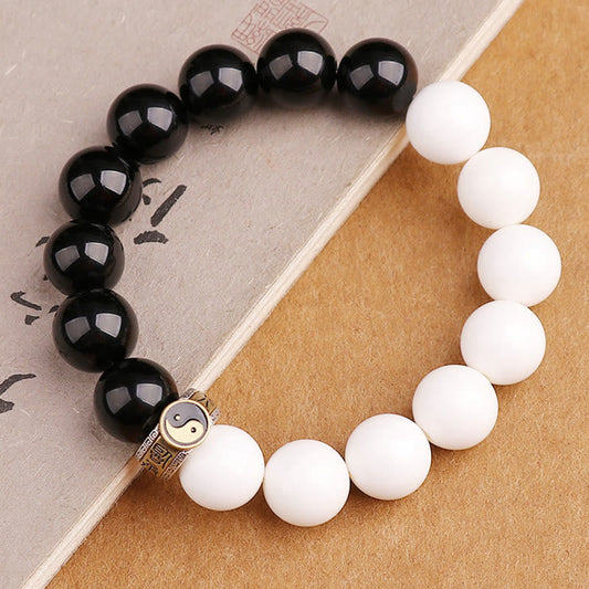 Spirituality Buddha Karma 925 Sterling Silver Black Obsidian White Shell Yin Yang Strength Bracelet