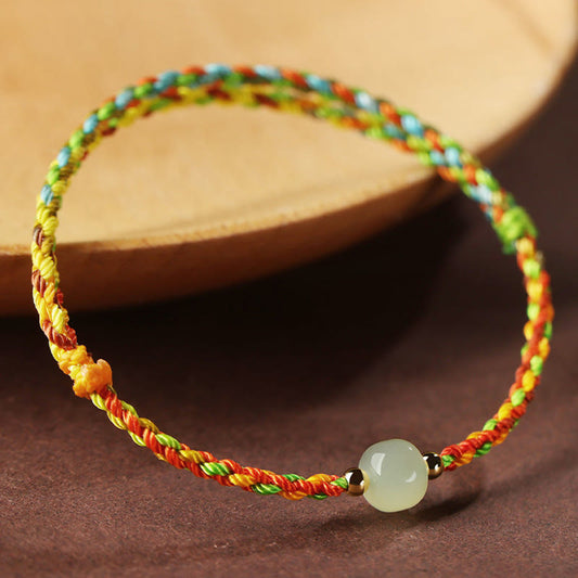 Ancient Tibetan Buddhist Red String Tradition Colorful Rope Luck Jade Bead Abundance Bracelet