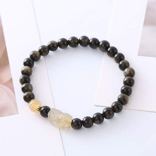 Spirituality Buddha Karma Natural Gold Sheen Obsidian PiXiu Wealth Protection Bracelet