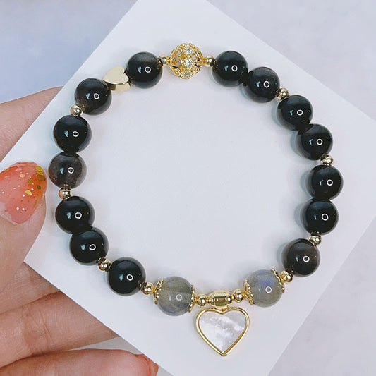 Spirituality Buddha Karma Natural Silver Sheen Obsidian Love Heart Star Flower Protection Bracelet