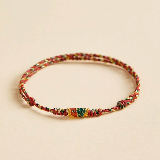 Ancient Tibetan Buddhist Red String Tradition Handcrafted Koi Fish Wealth Prosperity Braided Rope Bracelet
