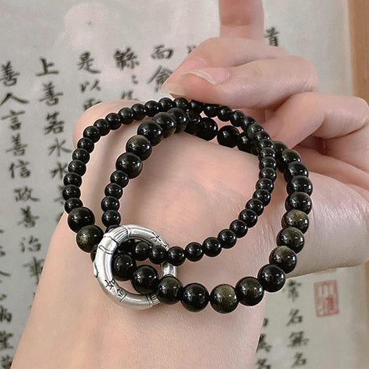 Spirituality Buddha Karma 999 Sterling Silver Black Obsidian Fulfillment Strength Double Layer Bracelet