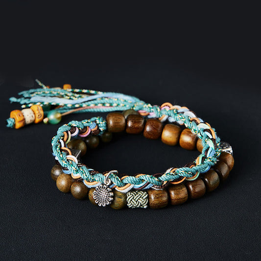 Ancient Tibetan Buddhist Red String Tradition 925 Sterling Silver Green Sandalwood Bodhi Seed Handmade Positive Bracelet