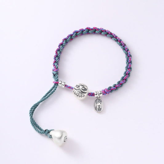 Ancient Tibetan Buddhist Red String Tradition 999 Sterling Silver Tibet Bodhidharma Lucky Fortune Fu Character Handmade Luck Braided Bracelet