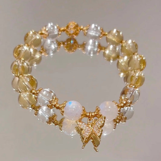 Golden Energy Citrine Wealth Solar Plexus Chakra (Third Chakra) Moonstone Butterfly Charm Prosperity Protection Bracelet