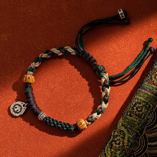 Ancient Tibetan Buddhist Red String Tradition Tibetan Dzi Bead Agate Yak Bone Wealth Rope Bracelet