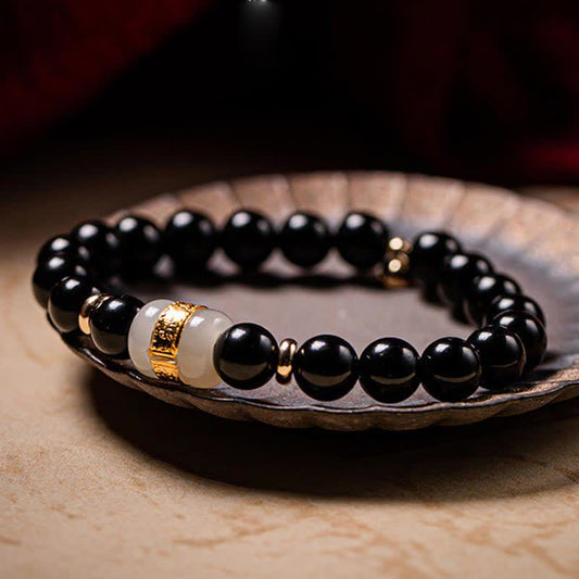 Spirituality Buddha Karma Black Obsidian Jade Om Mani Padme Hum Strength Couple Magnetic Bracelet