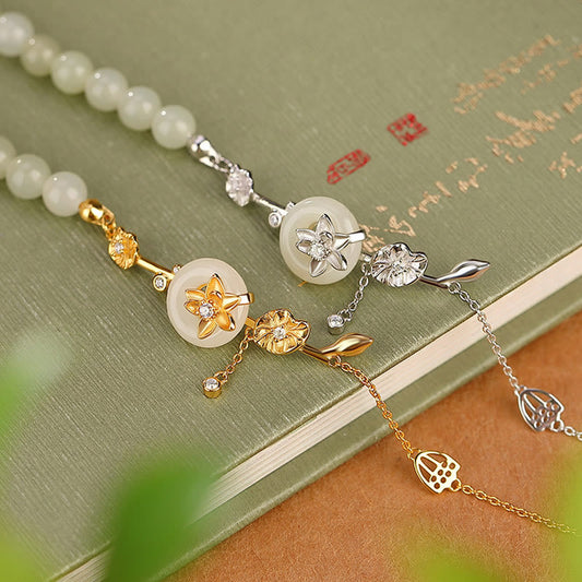 Jade 925 Sterling Silver Hetian Jade Peace Buckle Lotus Luck Chain Bracelet