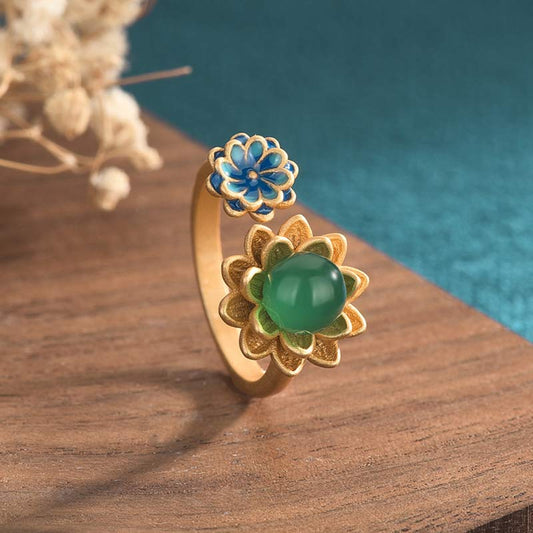 Jade Lotus Pattern Jade Abundance Adjustable Ring