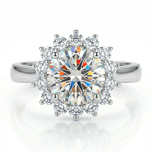 001 1.0ct D Color Moissanite Sunflower Halo Ring S925 Silver w/ GRA Certificate