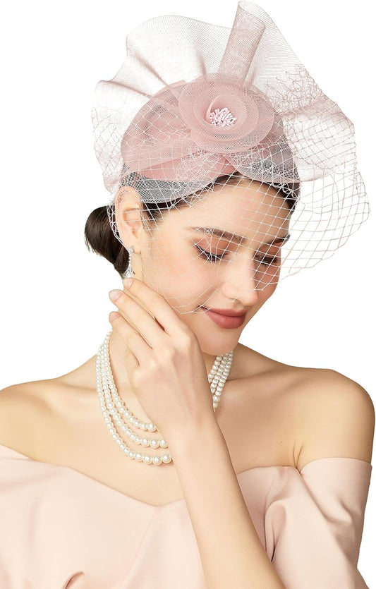 Fascinators Hats for Women - Tea Party Hat Kentucky Fascinator Derby Flower Mesh Veil Pillbox Hat for Bridal Wedding