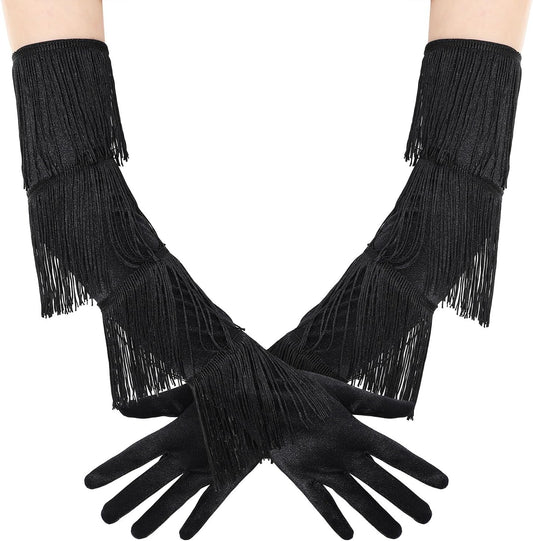 Long Opera Party Gloves - Vintage Satin Fringe Elbow Length Gloves 1920s Accessories for Women