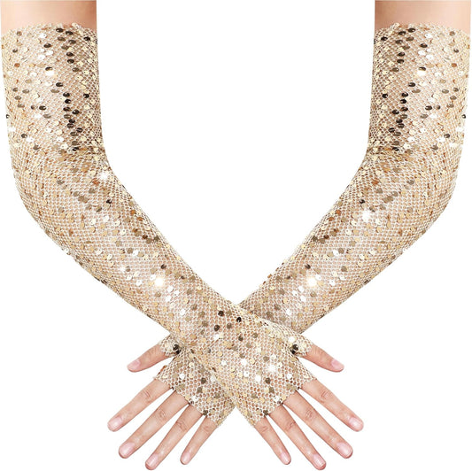 Opera Gloves for Women - Long Fingerless Sequin Sparkling Glitter Gloves Tea Party Stretchy Adult Size Elbow Length