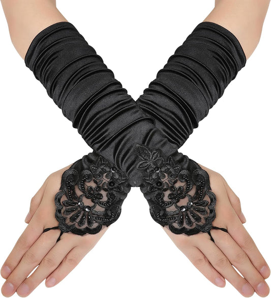 Short Opera Party 20s Fingerless Satin Gloves Tea Party Stretchy Adult Size Elbow Length