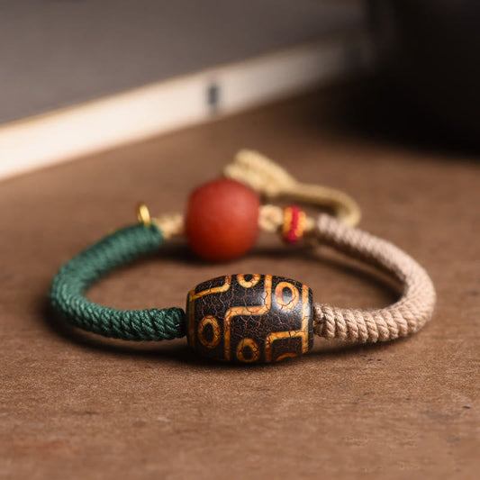 Ancient Tibetan Buddhist Red String Tradition Handmade Tibetan Nine-Eye Dzi Bead Wealth Rope Bracelet