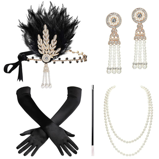 1920s Flapper Gatsby Costume Accessories Set 20s Flapper Headband Pearl Necklace Gloves Holder