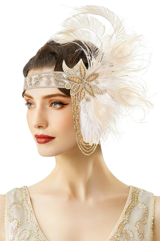 Flapper Headpiece for Women - 1920s Headband Roaring 20s Gatsby Accessories Peacock Feather Tassel Chain(Beige)