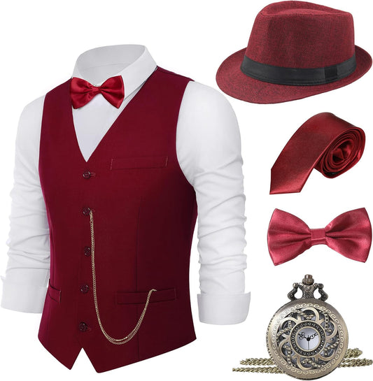1920s Mens Gatsby Gangster Vest Costume Accessories Set Fedora Hat