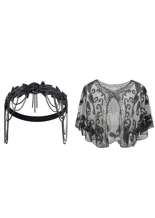 1920s Flapper Headpiece Roaring 20s Headband Great Gatsby Headband Chain Shawl Wraps Beaded Evening Cape Bridal Shawl Flapper Cover Up