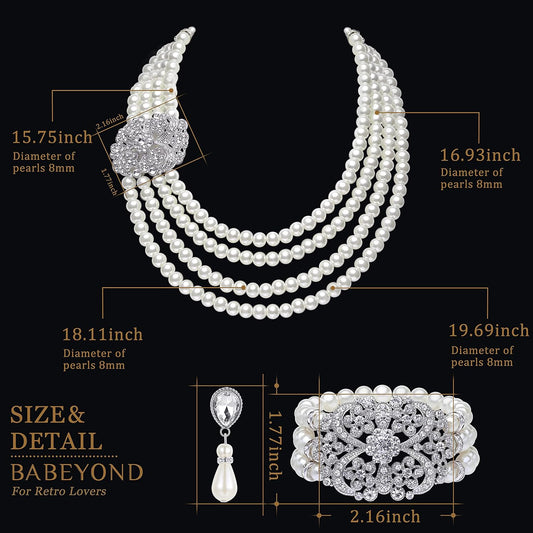 1920s Gatsby Pearl Necklace Vintage Bridal Pearl Necklace Earrings Jewelry Set Multilayer Imitation Pearl Necklace with Brooch
