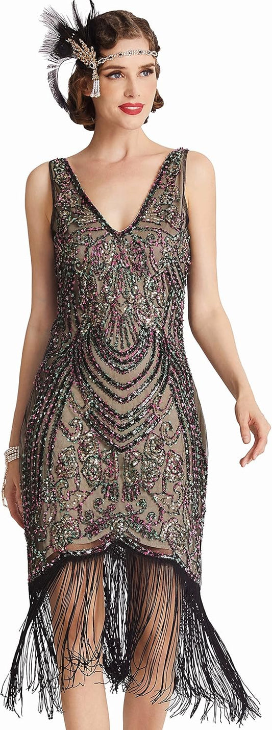 Flapper Dresses 1920s V Neck Beaded Fringed Great Gatsby Dress