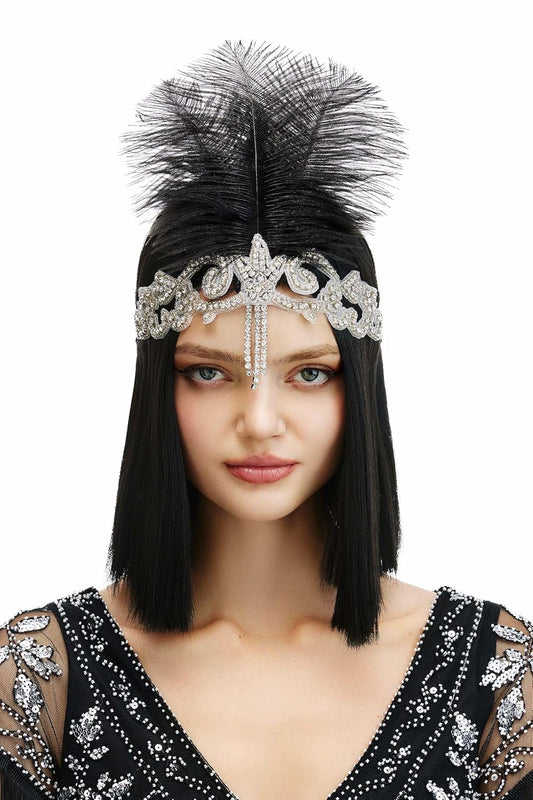 1920s Headpiece Flapper Headband - Roaring 20s Crystal Showgirl Hair Band Great Gatsby Headband with Feather