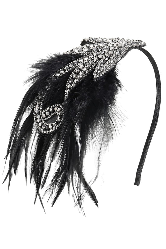 1920s Flapper Headband Accessories Roaring 20s Feather Hair Band Vintage Gatsby Party Accessories (Silver)