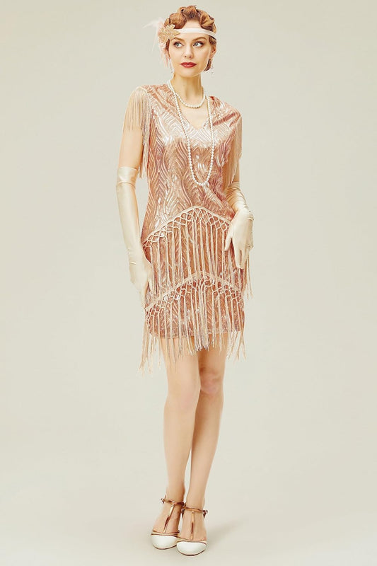 1920s Flapper Dress Long Fringed Gatsby Dress Roaring 20s Sequins Beaded Dress Vintage Art Deco Dress