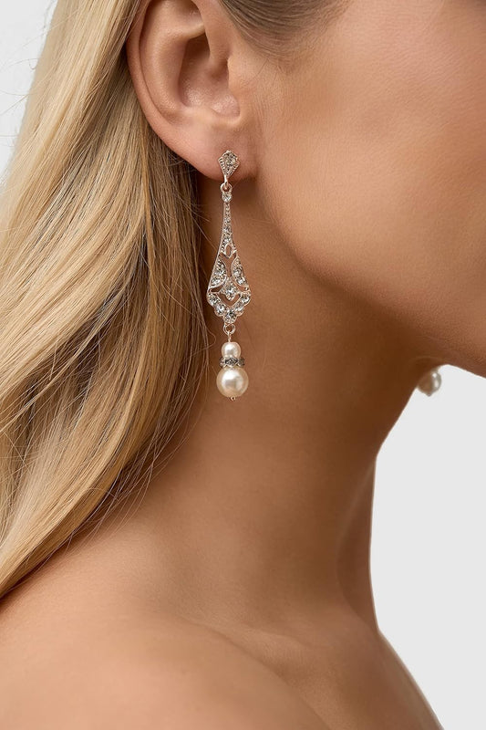 1920s Vintage Wedding Pearl Dangle Drop Earrings Art Deco Gatsby Earrings
