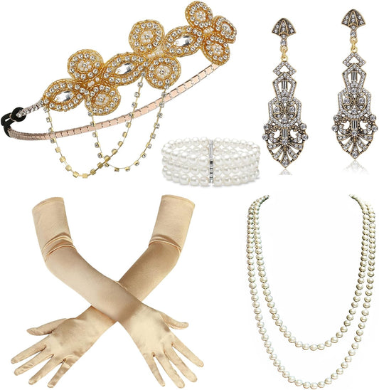 1920s Flapper Accessories Gatsby Costume Accessories Set 20s Flapper Headband Pearl Necklace Gloves Plastic Holder