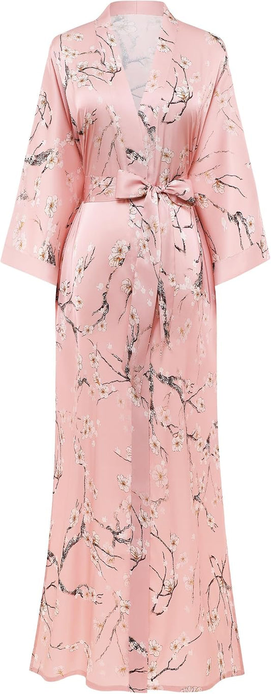 Floral Kimono Robe Satin Silky Wedding Robe Lightweight Long Kimono Nightgown Sleepwear