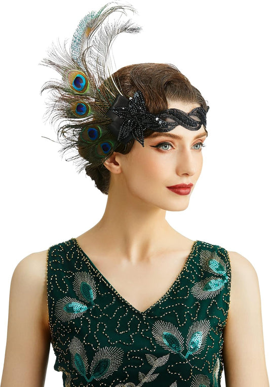 1920s Flapper Headband Peacock Feather Headpiece Gatsby Accessories for Women Sequined Showgirl Headpiece