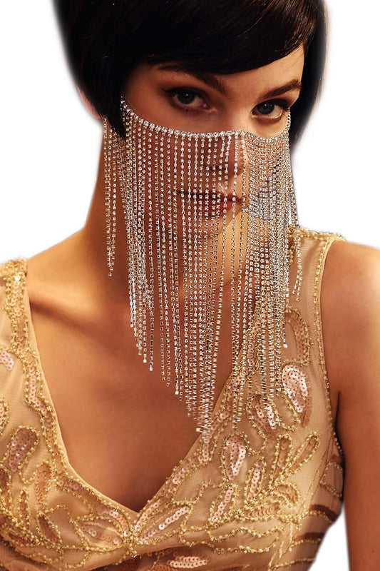 Crystal Rhinestone Fringe Masquerade Mask Chain Costume Headwear Mardi Gras Mask