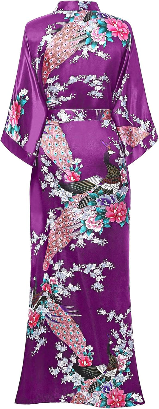Women's Kimono Robe Long Satin Robes with Peacock and Blossoms Printed Kimono Nightgown