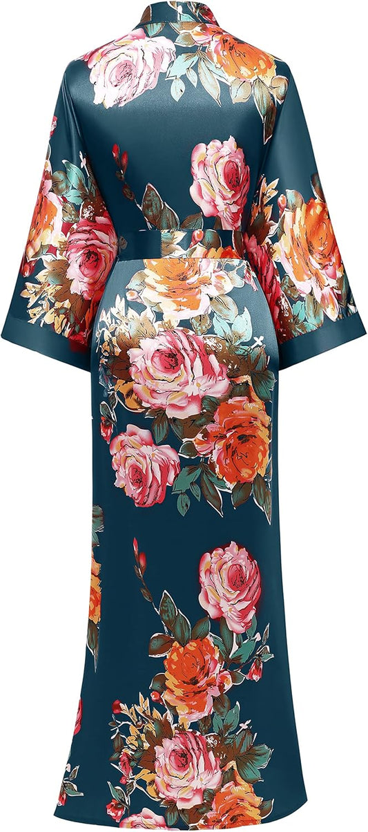 Women's Kimono Robe Long Satin Silky Floral Lightweight Bridesmaid Wedding Bachelorette Party Robe