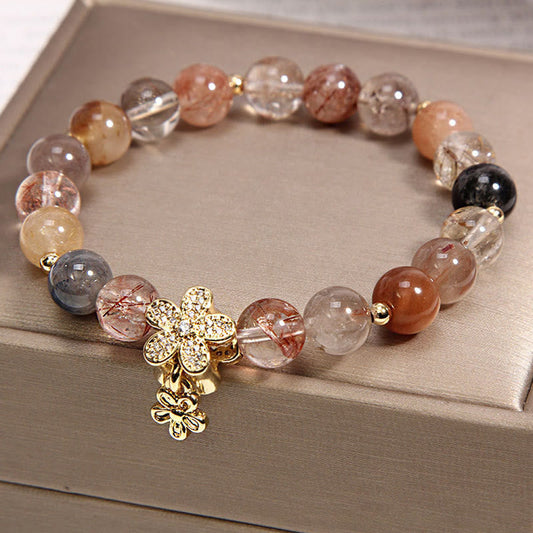 Golden Energy Citrine Multicolored Rutilated Quartz Wealth Solar Plexus Chakra (Third Chakra) Wealth Protection Flower Bracelet