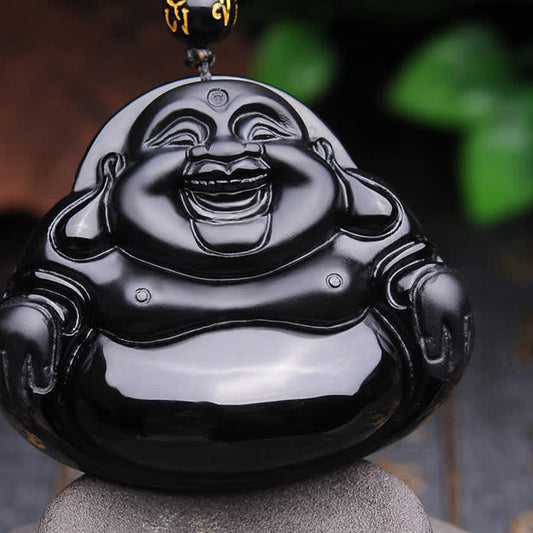 Spirituality Buddha Karma Laughing Buddha Black Obsidian Transformation Pendant Necklace