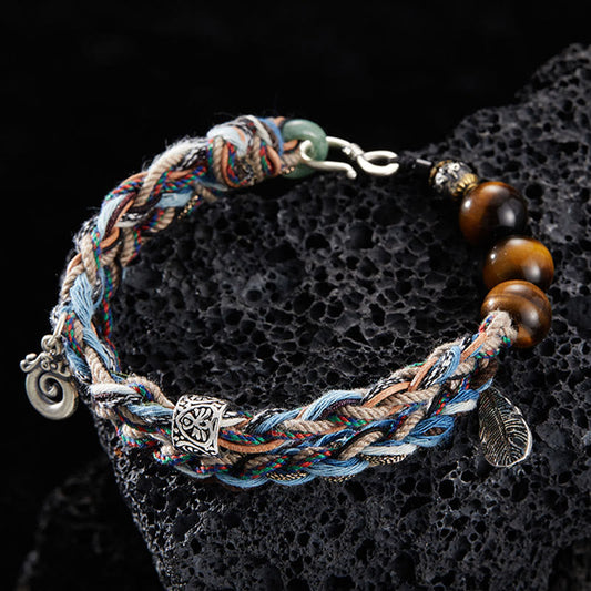 Ancient Tibetan Buddhist Red String Tradition 925 Sterling Silver Tiger's Eye Colorful Cotton Rope Handmade Willpower Bracelet