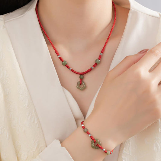 Ancient Tibetan Buddhist Red String Tradition 925 Sterling Silver Natural Hetian Cyan Jade Flower Pentagram Luck Red Rope Necklace Pendant Bracelet Set